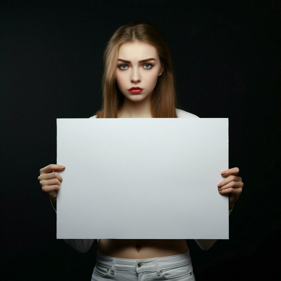 AI generated Sad girl holding a blank white board in dark background photo