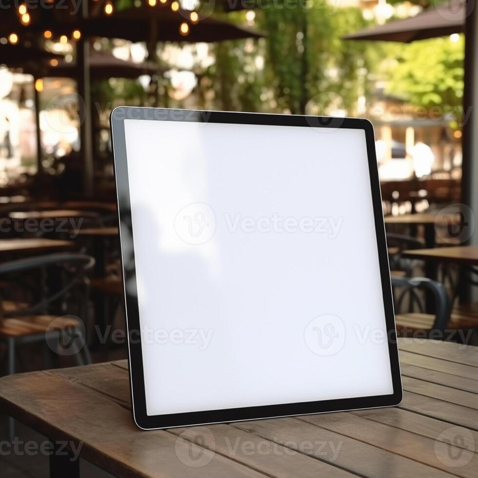 High quality photo of big tablet with blank screen on the table, perfect to create mockup preview