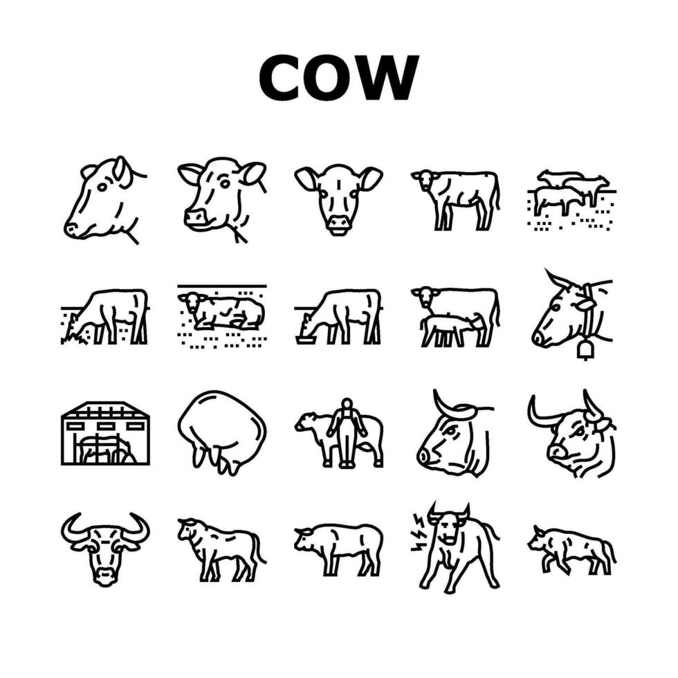 cow farm dairy cattle milk white icons set vector