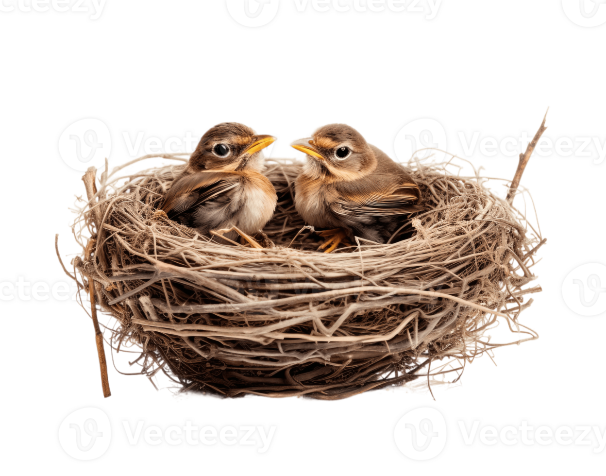 Bird nest with two baby birds isolated on transparent background. PNG file, cut out. AI Generated