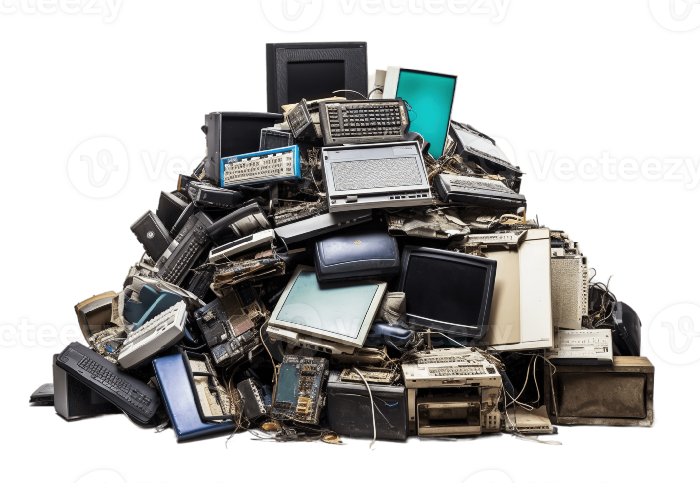 E-waste heap for recycling isolated on transparent background. PNG file, cut out. AI Generated