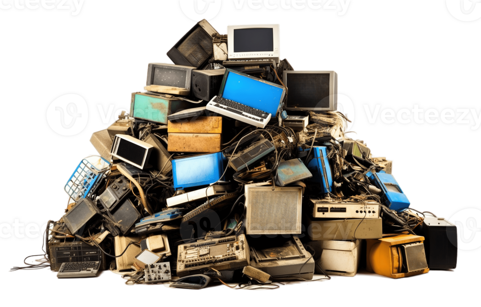 E-waste heap for recycling isolated on transparent background. PNG file, cut out. AI Generated