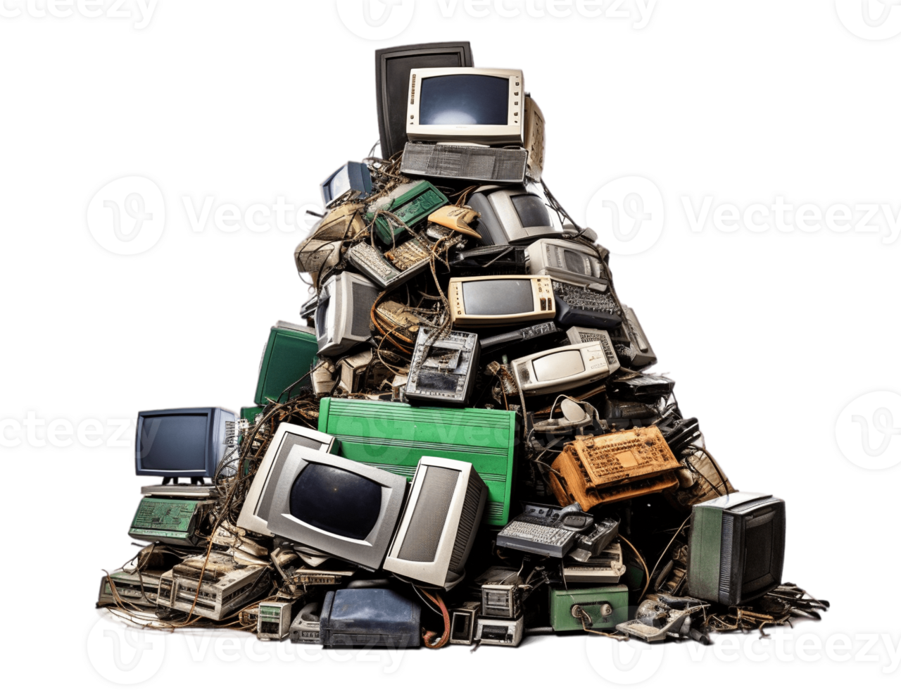E-waste heap for recycling isolated on transparent background. PNG file, cut out. AI Generated