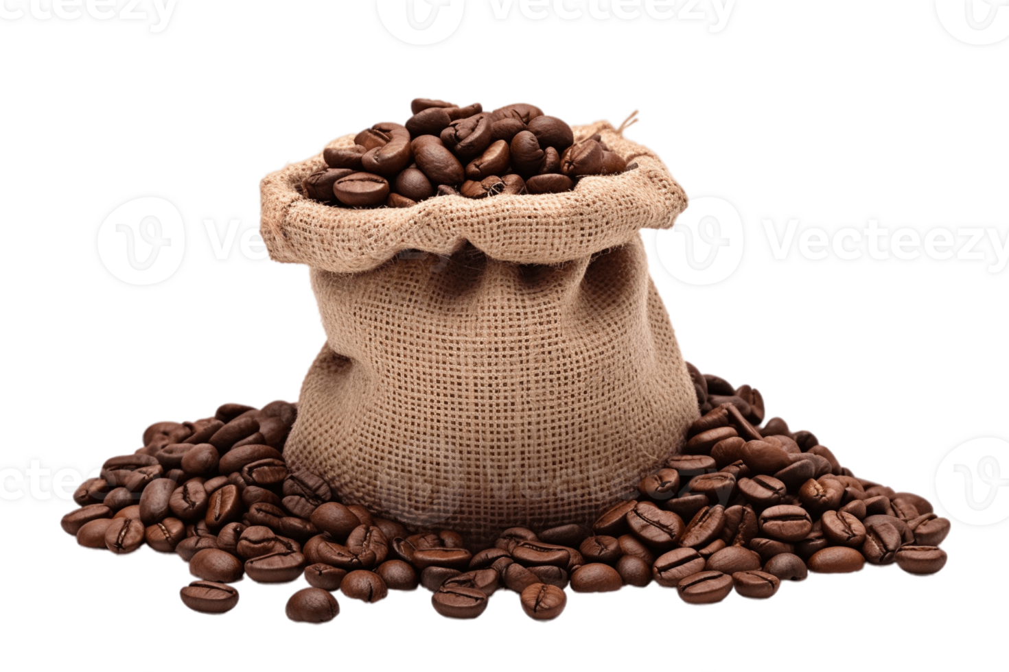 Coffee beans in the sack isolated on transparent background. PNG file, cut out. AI Generated