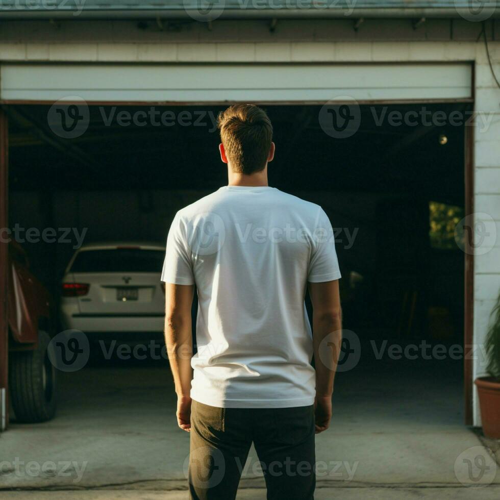 AI generative A man wearing a plain white t - shirt on the garage facing backwards, perfect to create tshirt mockup photo