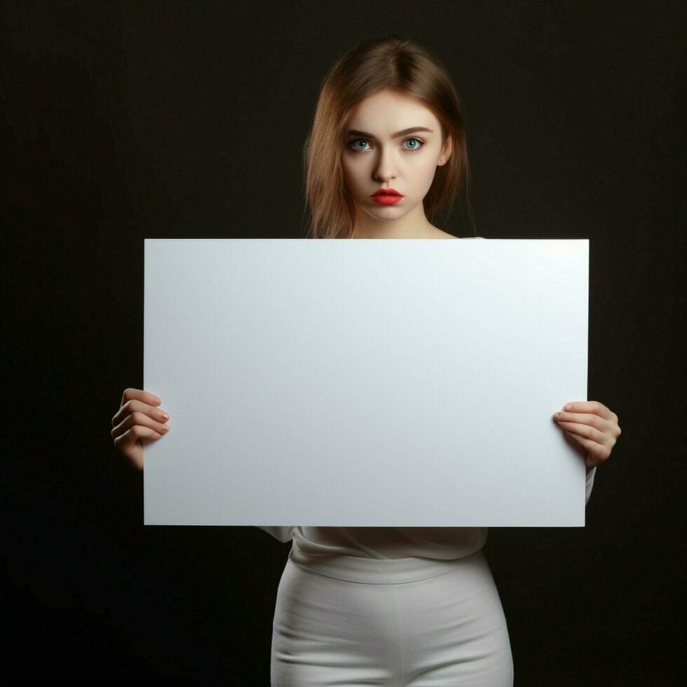 AI generated Sad girl holding a blank white board photo