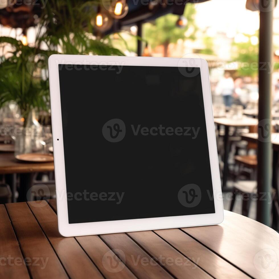 High quality photo of big tablet with blank screen on the table, perfect to create mockup preview