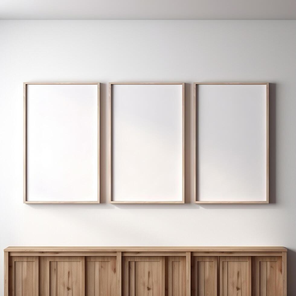 Real photo of white blank wood frame hung on the walls, hyper realistic