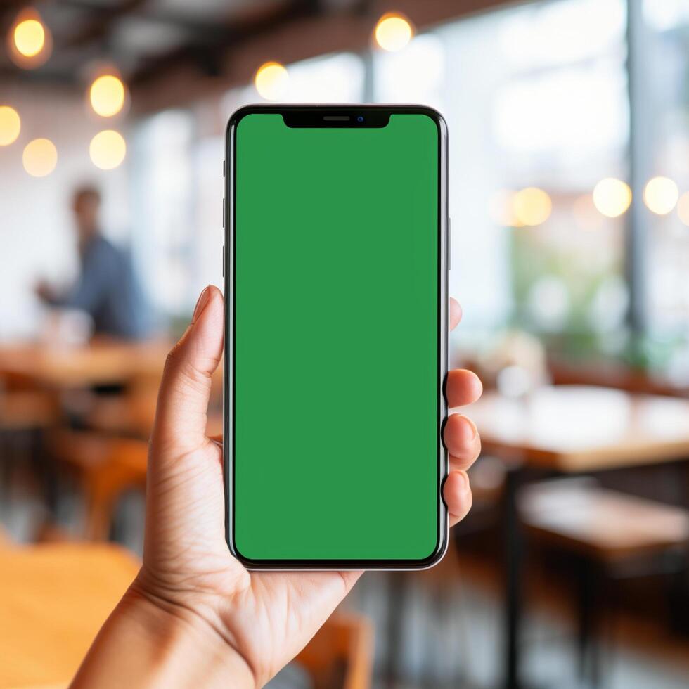 High quality smart phone on hand with green screen photo