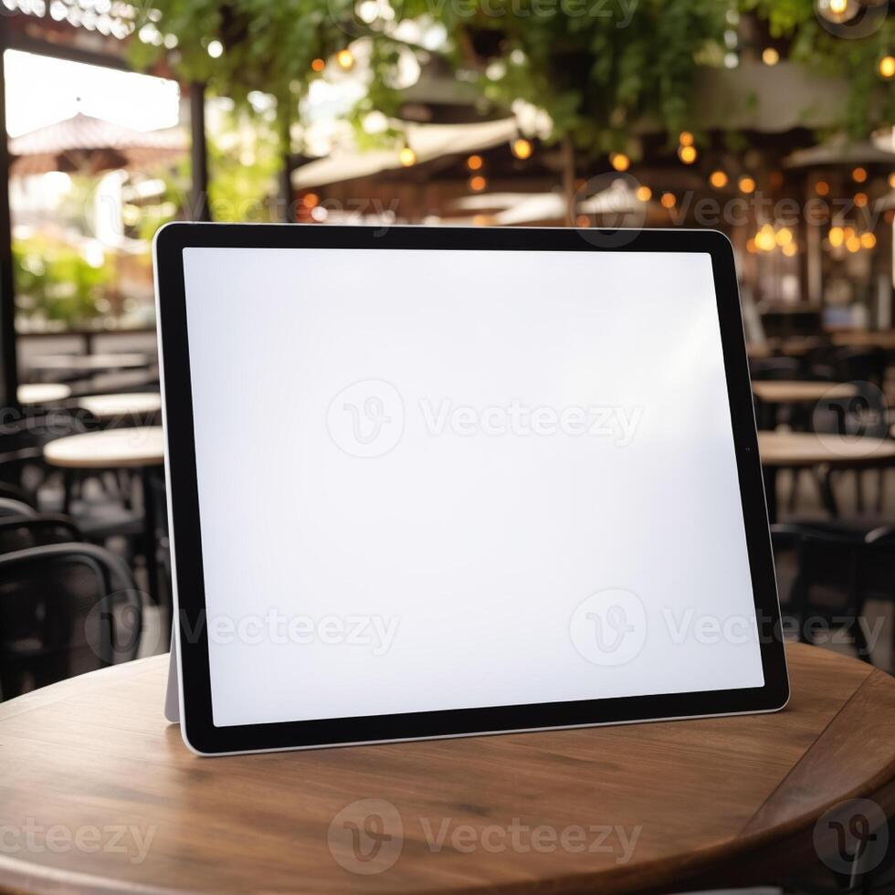 High quality photo of big tablet with blank screen on the table, perfect to create mockup preview