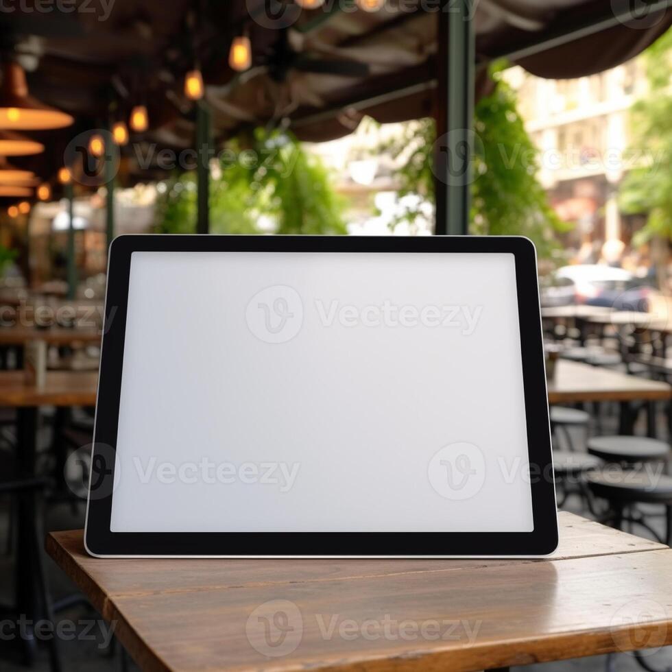 High quality photo of big tablet with blank screen on the table, perfect to create mockup preview