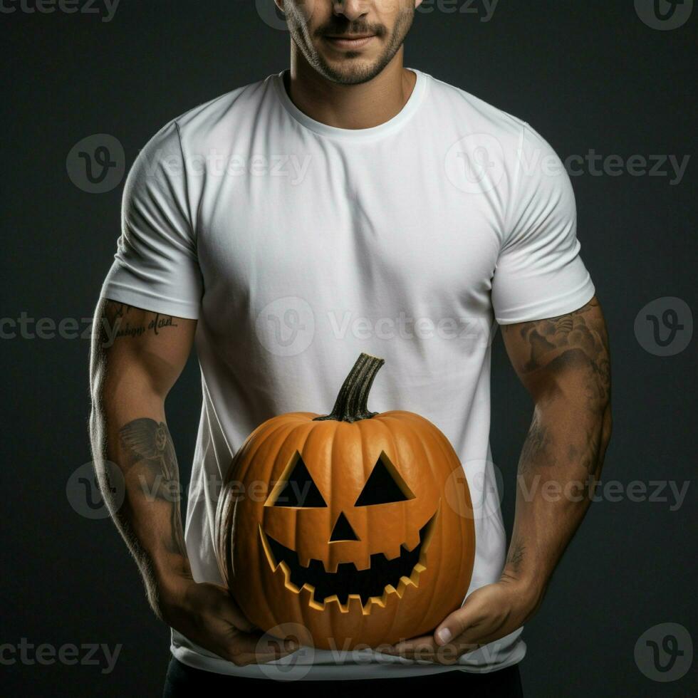 AI generative Photo of a man holding halloween pumpkin in hand, wearing a plain white t-shirt