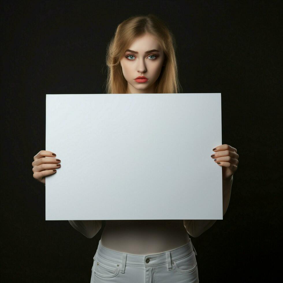 AI generated Sad girl holding a blank white board photo