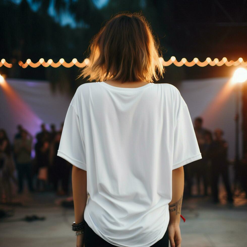 AI generated Girl model wearing white oversize t - shirt. music concert view. Back view. modern style photo