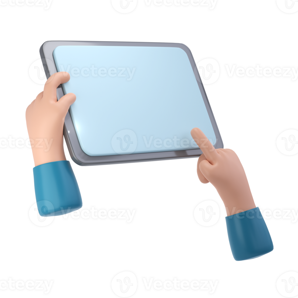 3D Hands using tablet mockup icon. Cartoon hand holding tablet isolated transparent png illustration