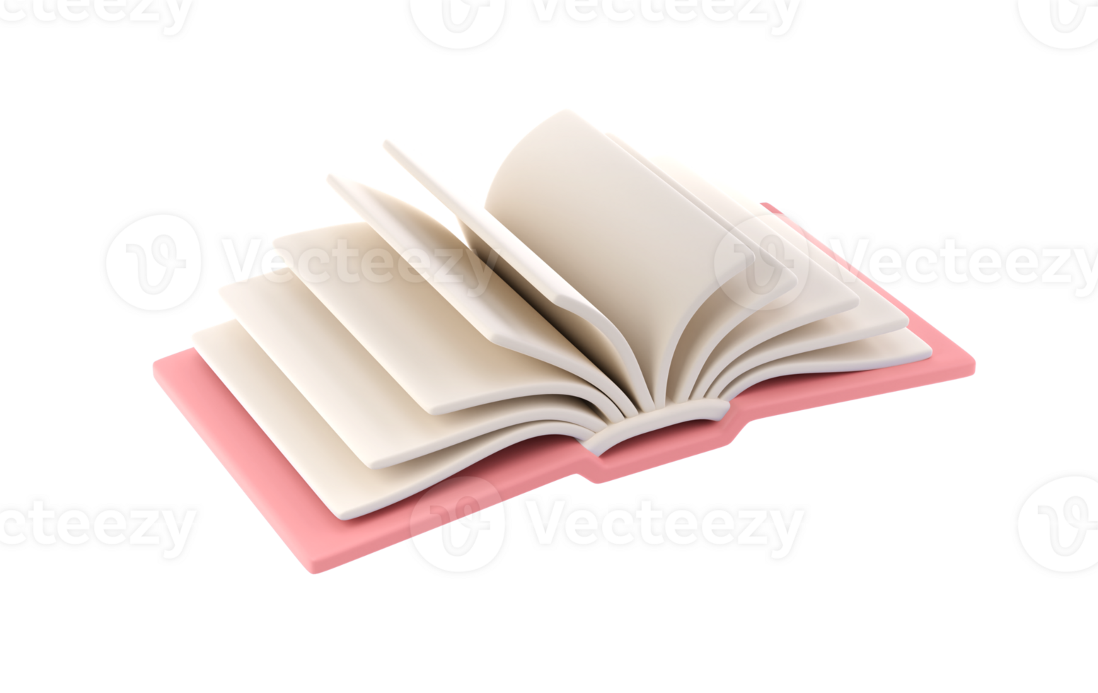 3d icon open book school, diary with white paper blank pages and bookmark. Cartoon minimal style transparent png