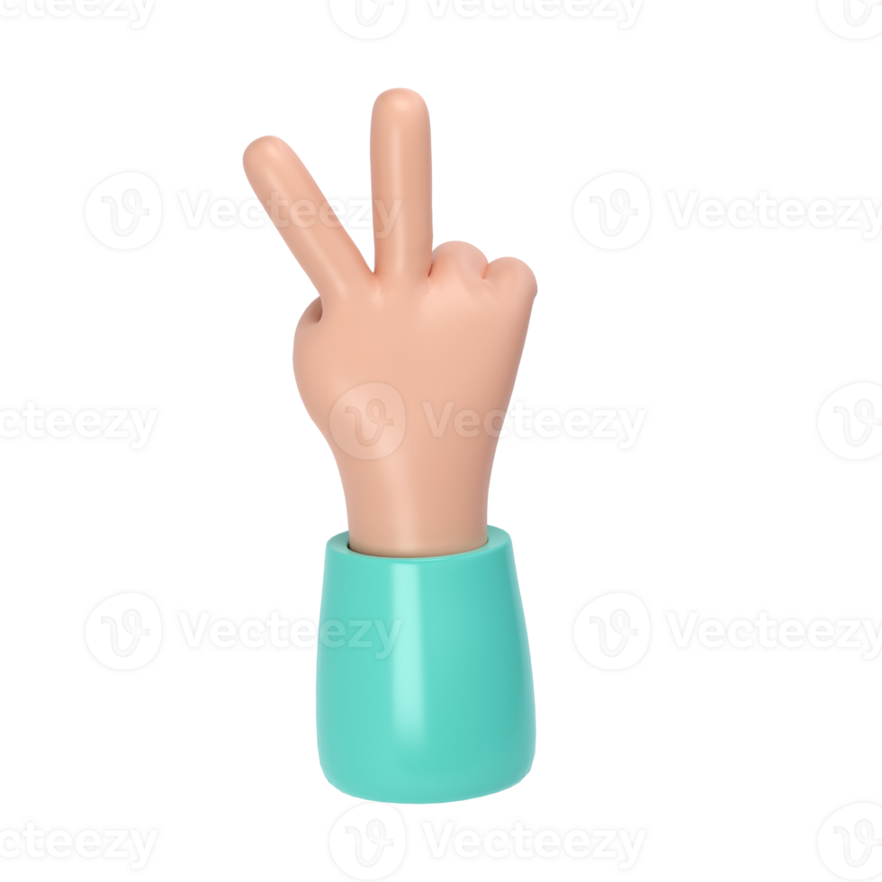 3d hand victory icon illustration. Two fingers social icon. Cartoon character hand gesture. Business success clip art transparent png