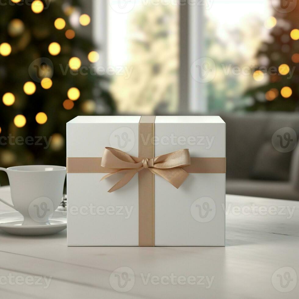 AI generative Blank gift box in white color on the table, perfect to create mockup preview photo