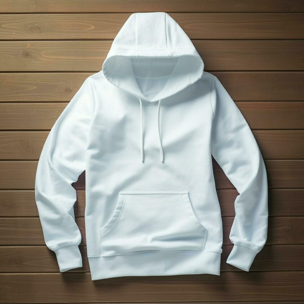 AI Generative Blank white hoodie lying on the table, photographed from above photo