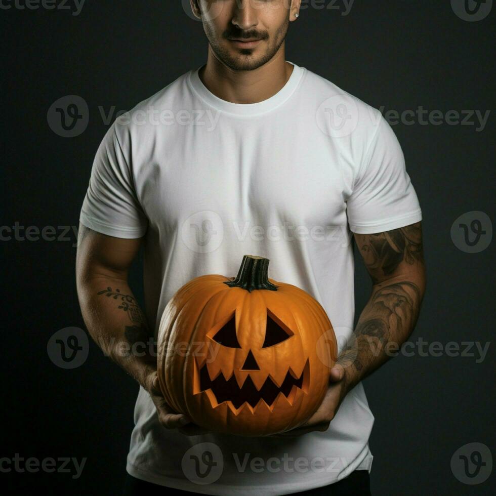 AI generative Photo of a man holding halloween pumpkin in hand, wearing a plain white t-shirt