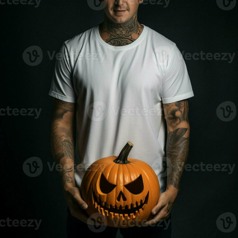 ai generativo foto de un hombre participación Víspera de Todos los Santos calabaza en mano, vistiendo un llanura blanco camiseta