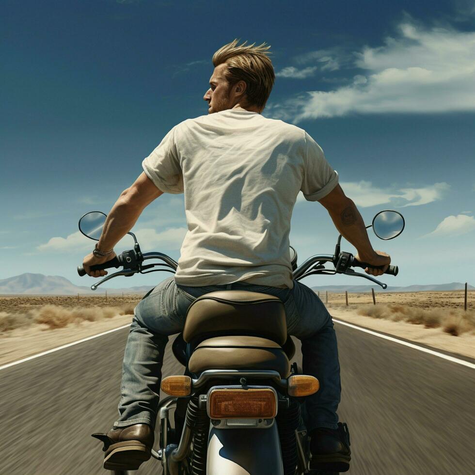 AI generative Photo of a man on the bike wearing a plain white t-shirt facing backwards