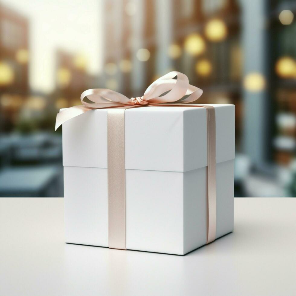 AI generative Blank gift box in white color on the table, perfect to create mockup preview photo