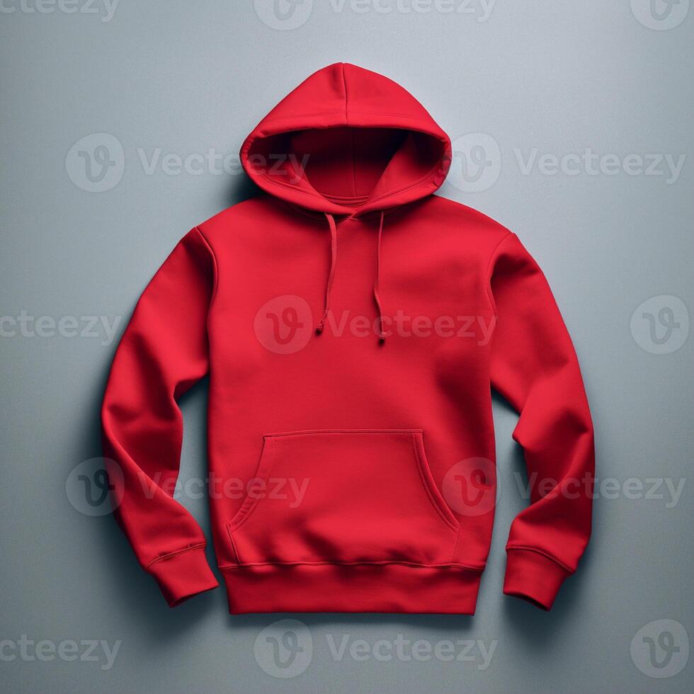 Blank red hoodie lying on the table, photographed from above photo