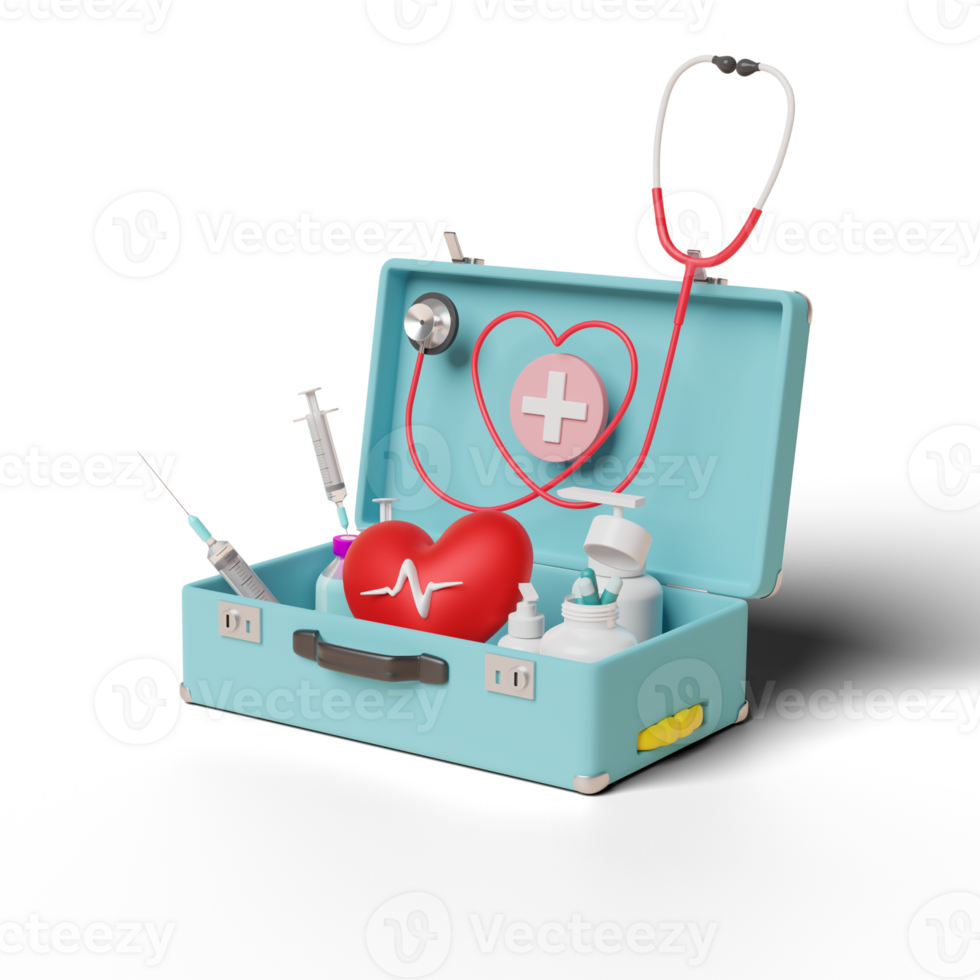först hjälpa utrustning väska med stetoskop, spruta, röd hjärta - png