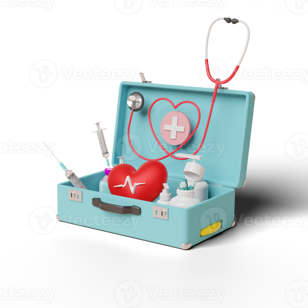 first aid kit bag with stethoscope, syringe, red heart - png