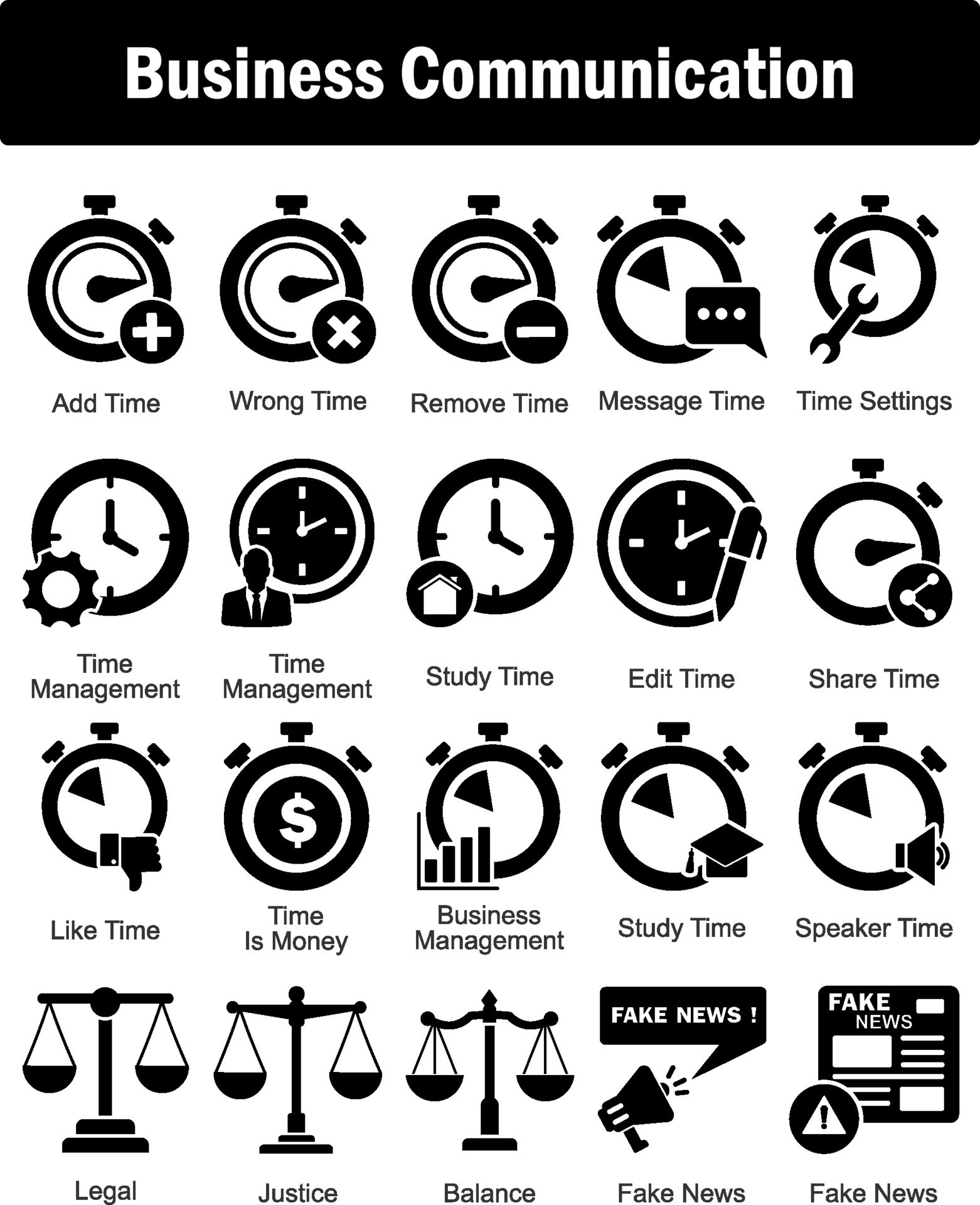 A set of 20 business icons as add time wrong time remove time