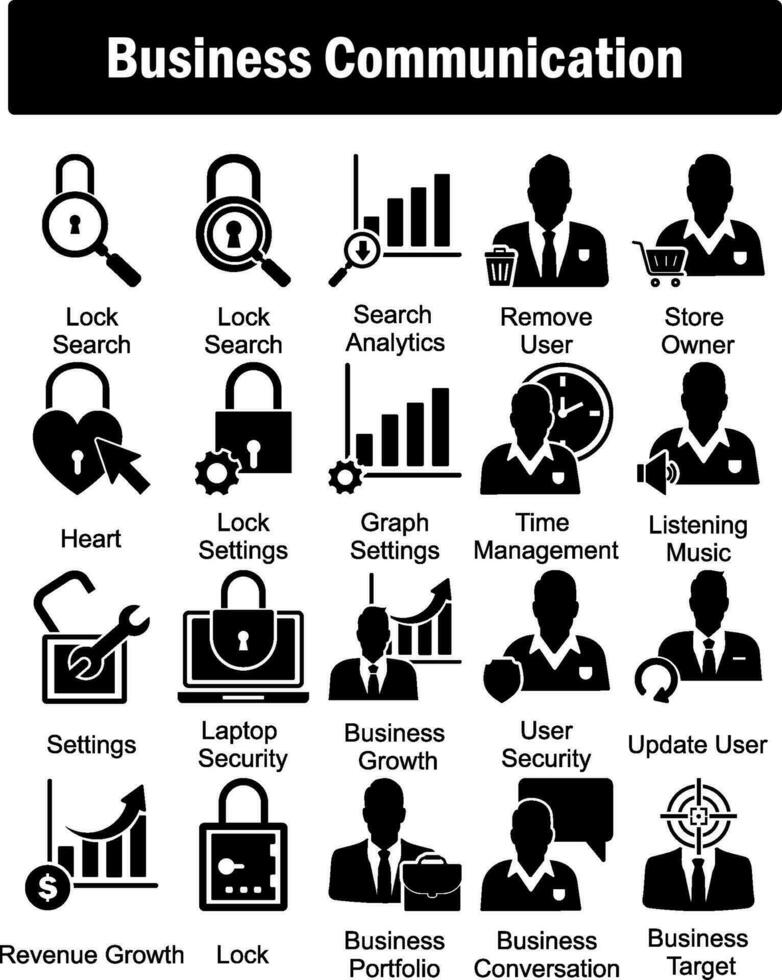 A set of 20 business icons as lock search, search analytics, remove user vector