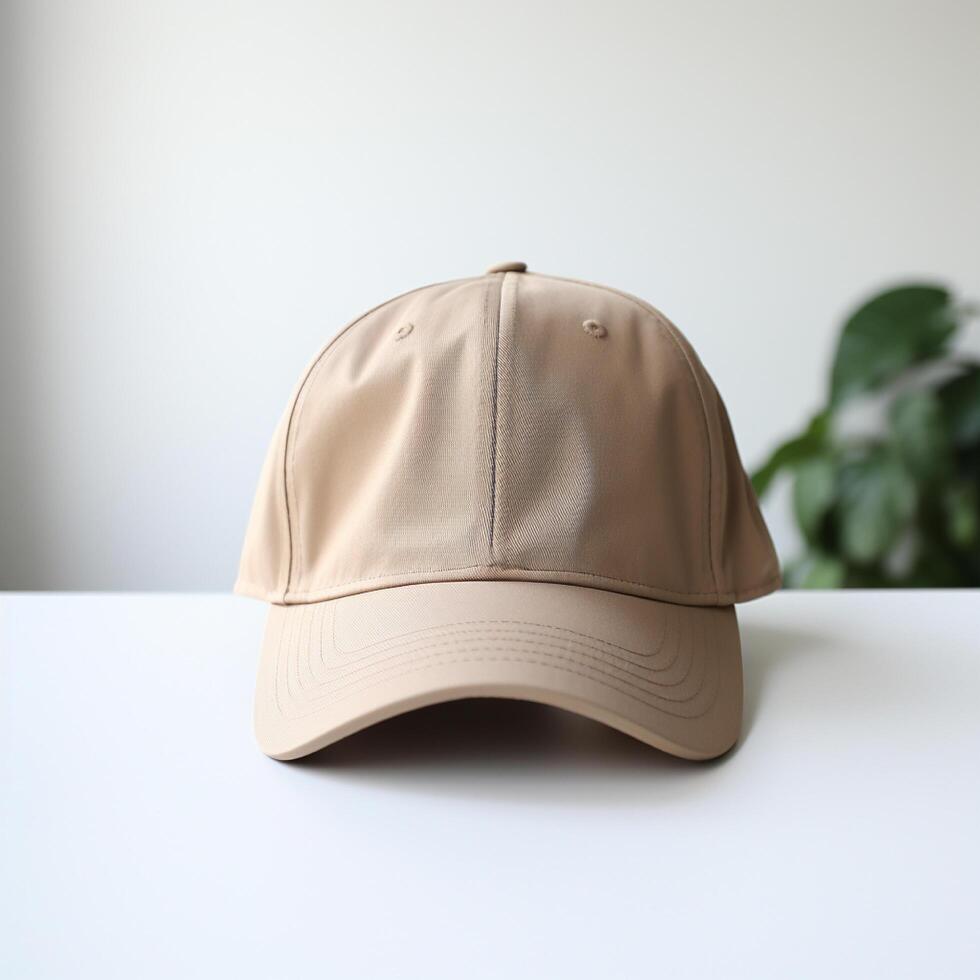 Photo of blank light brown baseball hat, ultra realistic, 8K, suitable to create hat mockup or cap mockup