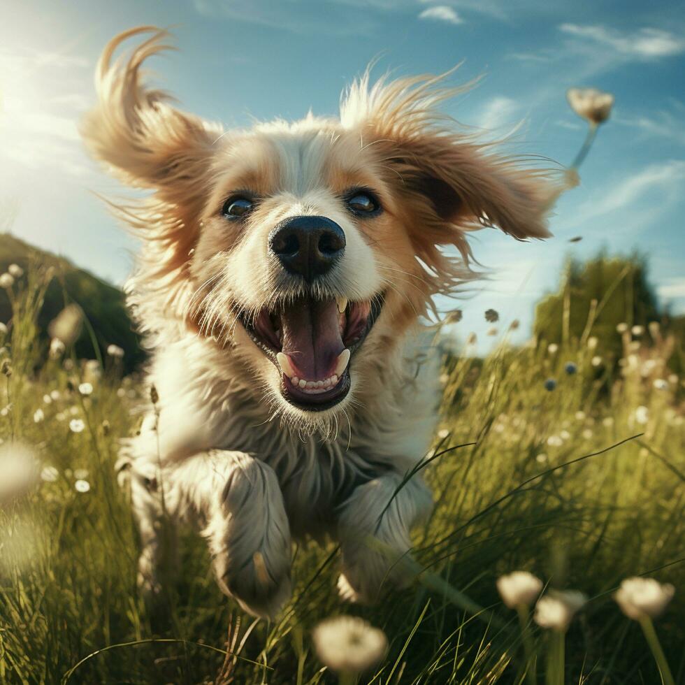 AI generative high quality photo of a happy dog playing ball on the grass