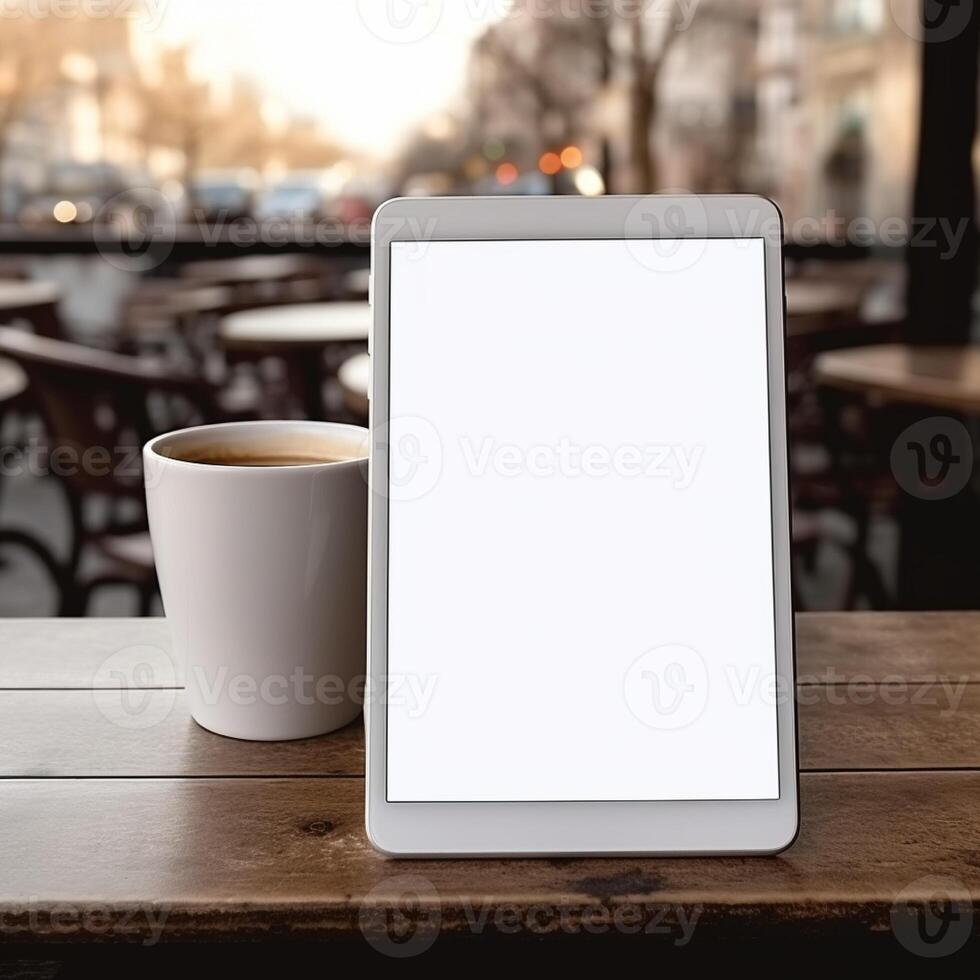 High quality photo of big tablet with blank screen on the table, perfect to create mockup preview