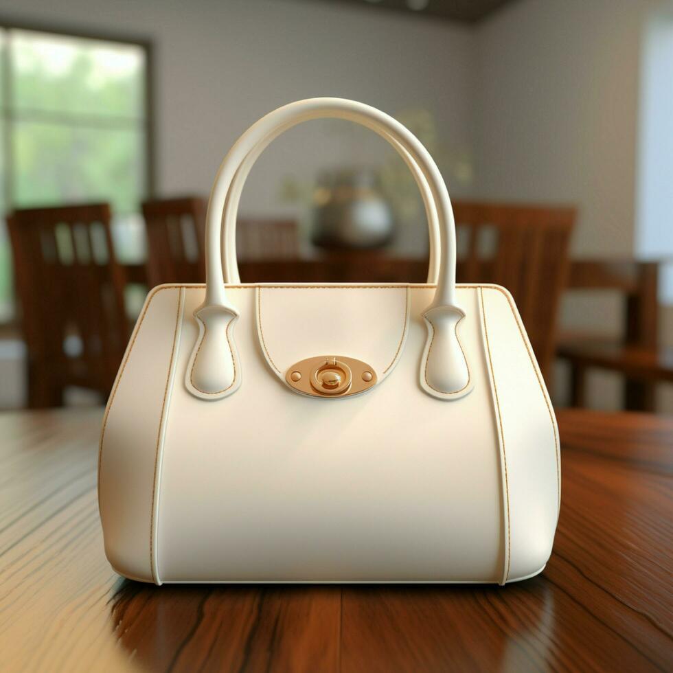 AI generative White woman bag on the wooden table, perfect to create mockup preview photo