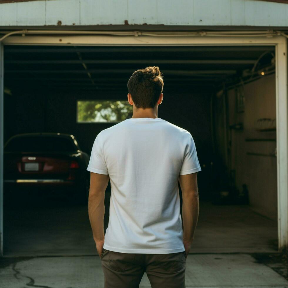 ai generativo un hombre vistiendo un llanura blanco t - camisa en el garaje frente a hacia atrás, Perfecto a crear camiseta Bosquejo foto