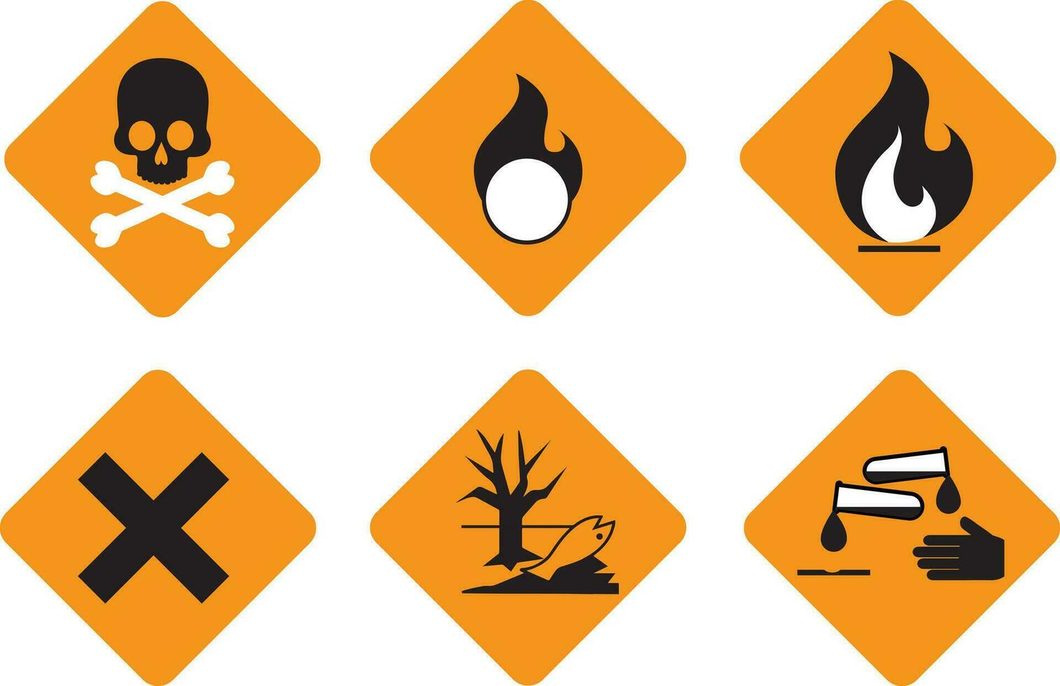 Set of flammabl chemicals - hazard symbols and warning sign isolated on white, vector
