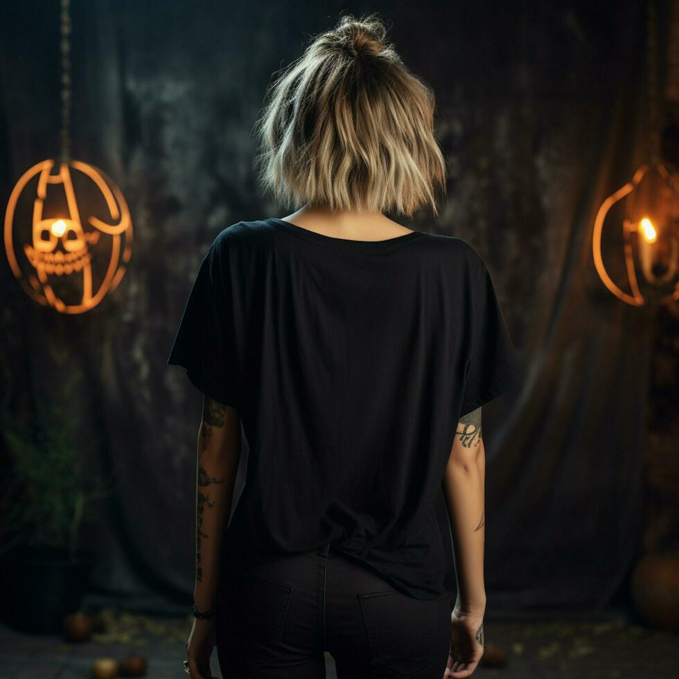 AI generated Girl model wearing black oversize t - shirt. halloween theme. Back view. modern style photo