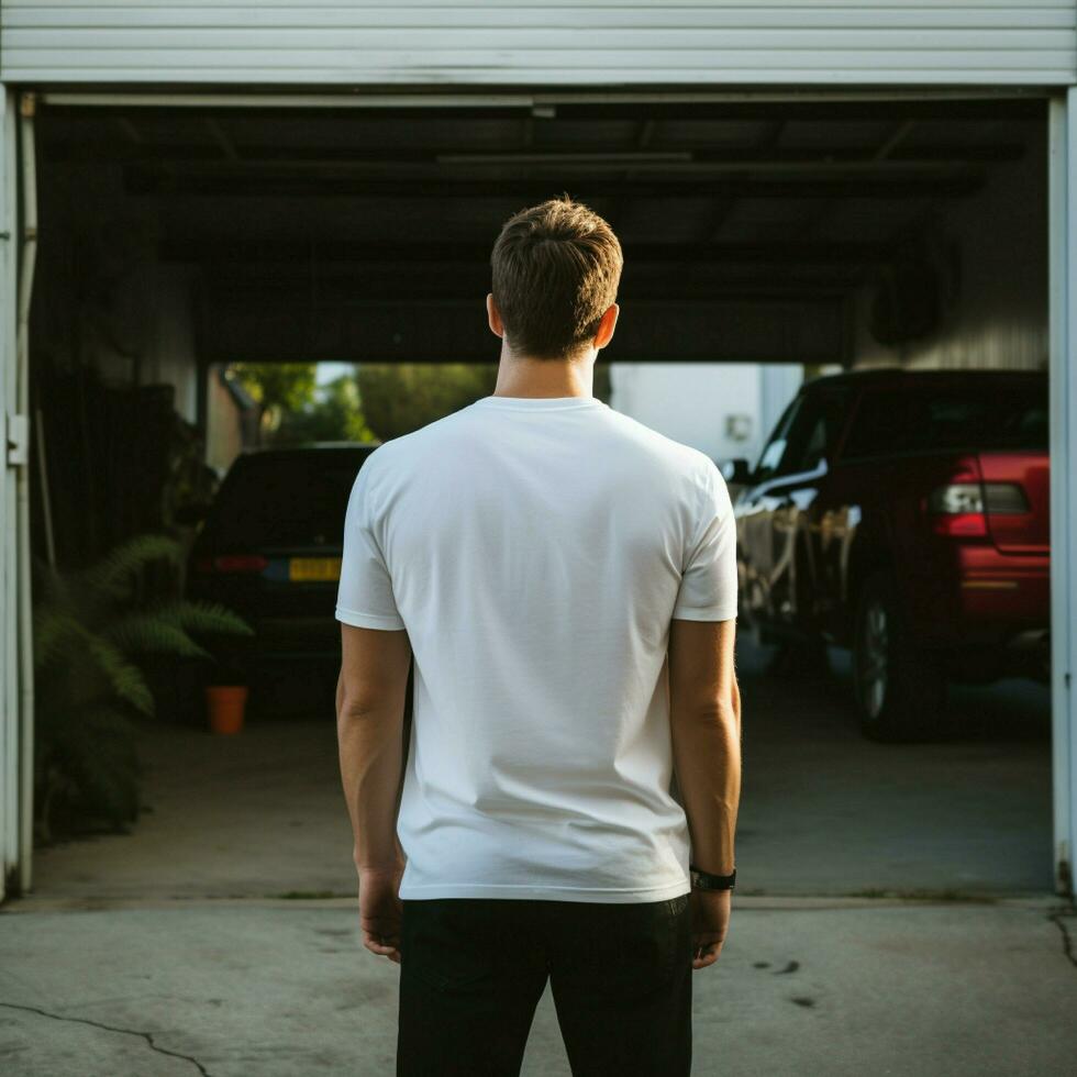 AI generative A man wearing a plain white t - shirt on the garage facing backwards, perfect to create tshirt mockup photo