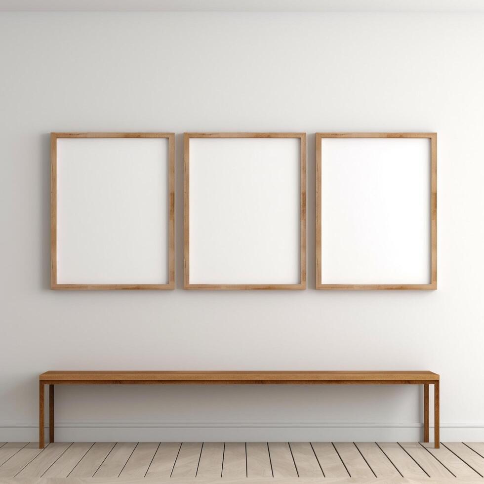 Real photo of white blank wood frame hung on the walls, hyper realistic
