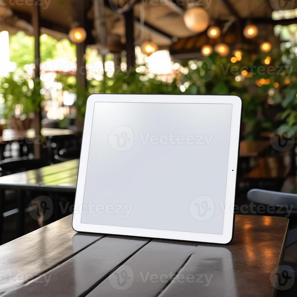 AI Generative High quality photo of big tablet with blank screen on the table, perfect to create mockup preview