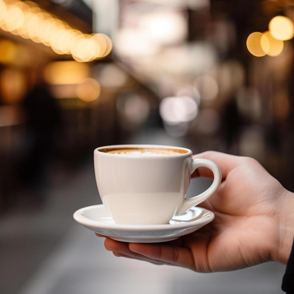 Women hand holding a white coffee mug, close - up, with blur background of cafe photo