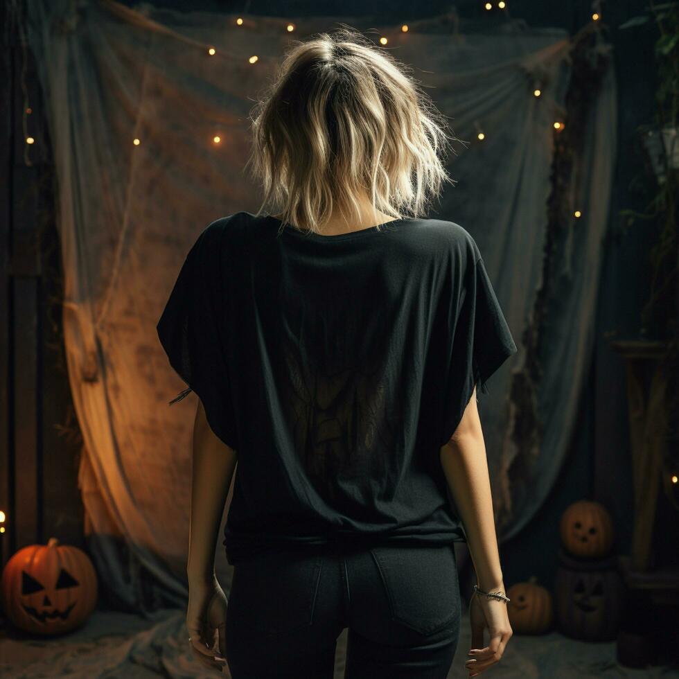 AI generated Girl model wearing black oversize t - shirt. halloween theme. Back view. modern style photo