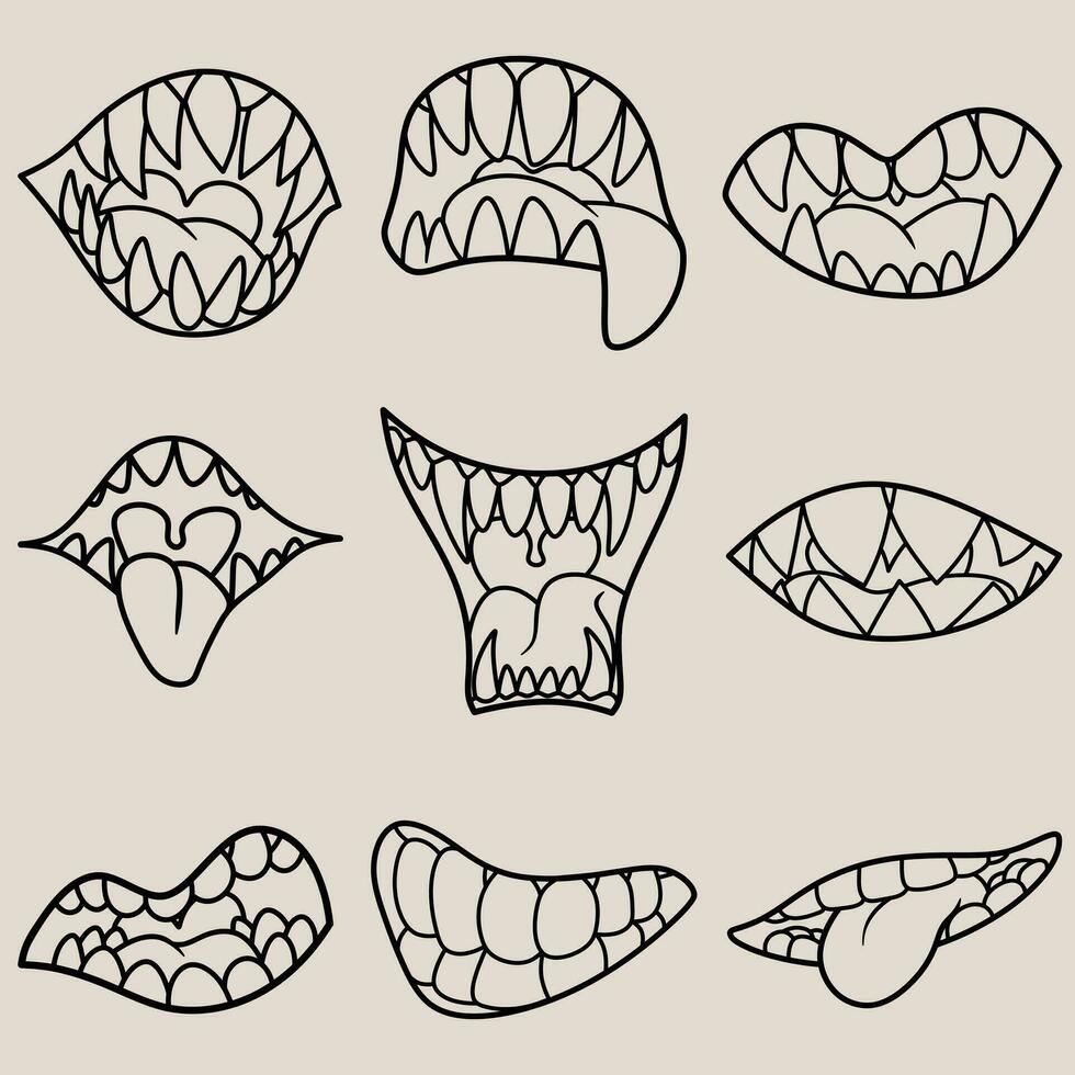 Free vector bundle illustration of line art fighting monster mouth with ...