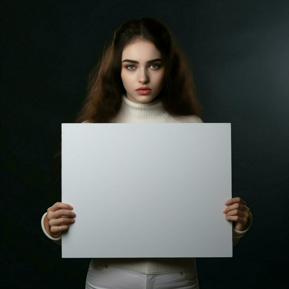 AI generated Sad girl holding a blank white board photo