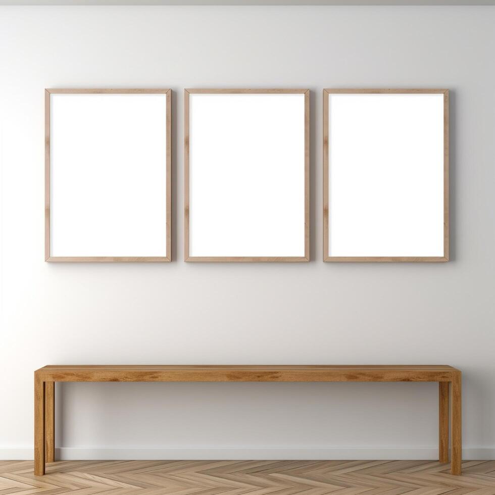 Real photo of white blank wood frame hung on the walls, hyper realistic