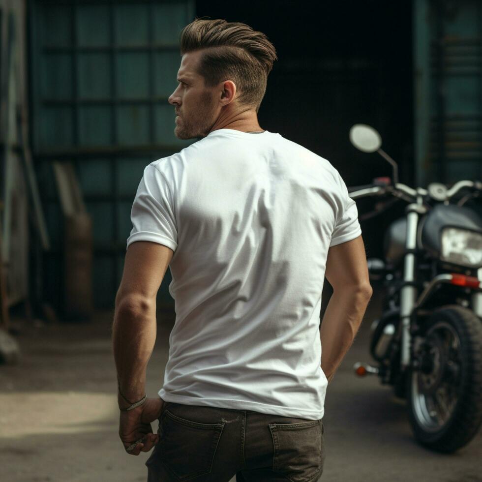 AI generative Photo of a man on the bike wearing a plain white t-shirt facing backwards