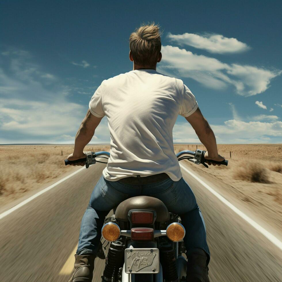 AI generative Photo of a man on the bike wearing a plain white t-shirt facing backwards