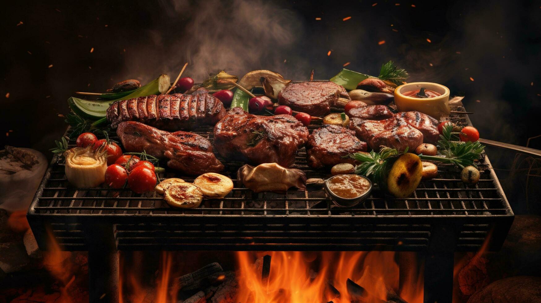 grilled meat with vegetables and spices on the barbecue grill Created with AI photo